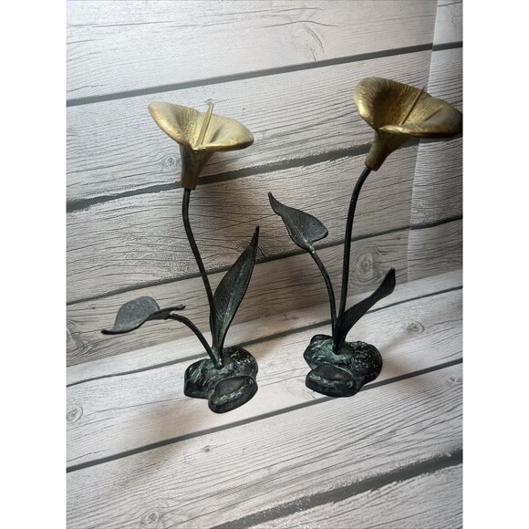 VINTAGE Verdigris Calla Lily Brass Candle Holder Art Nouveau Patina Leave Flower - Picture 8 of 10